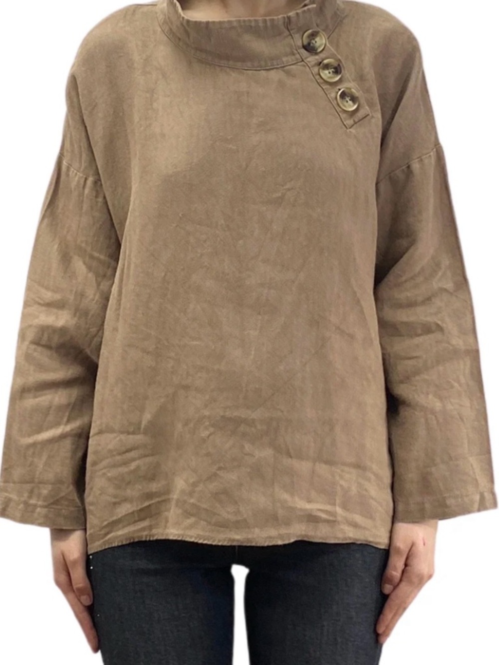 Zara 100% Linen Mock Neck Blouse in brown. Size M. EUC.